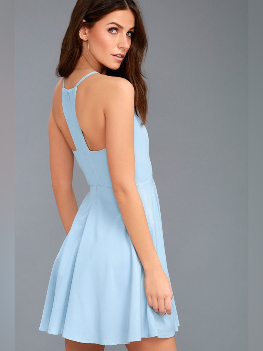 Lulus "Call to Charms" Light Blue Skater Mini Dress Halter Racerback Y2K Party S